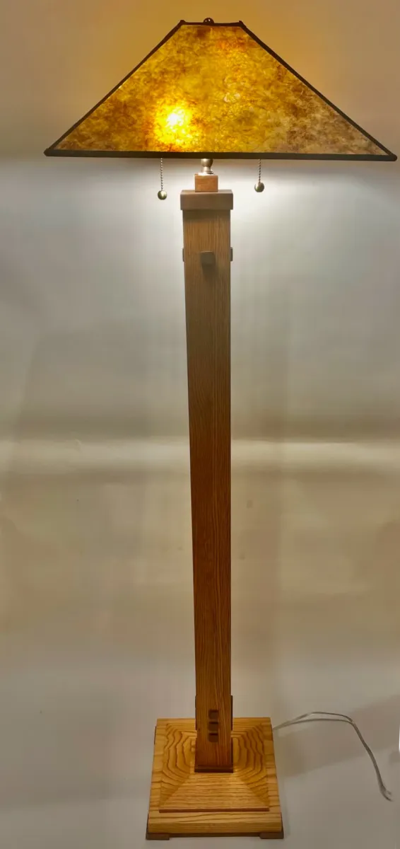 La Crosse Floor Lamp – Oak with Walnut Trim and Amber Mica Shade
