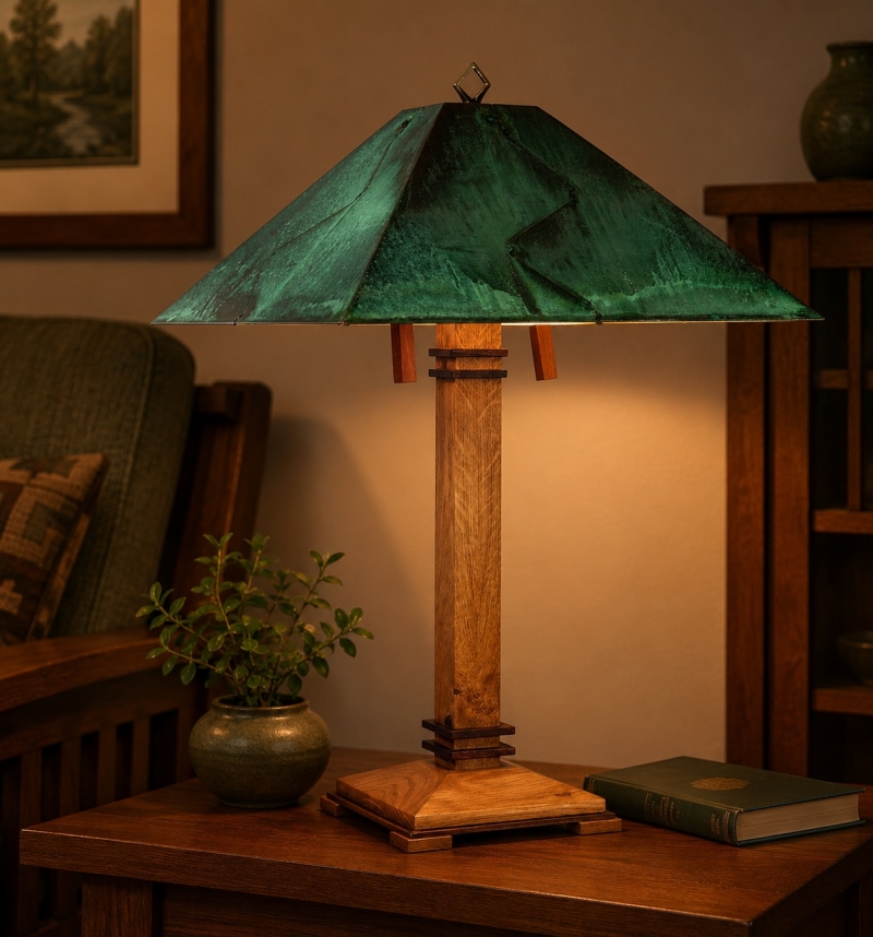 Lake Superior Table Lamp – Oak with Walnut Trim and Green Copper Shade