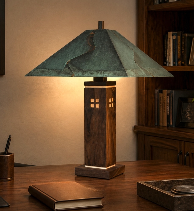 Long Island Table Lamp – Walnut with Maple Trim and Green Copper Shade