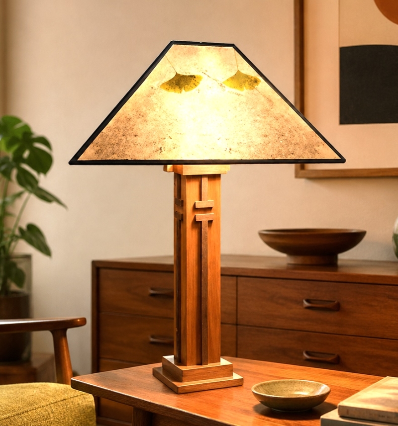 Los Gatos Table Lamp – Cherry with Walnut Trim and Silver Mica Shade with Leaves