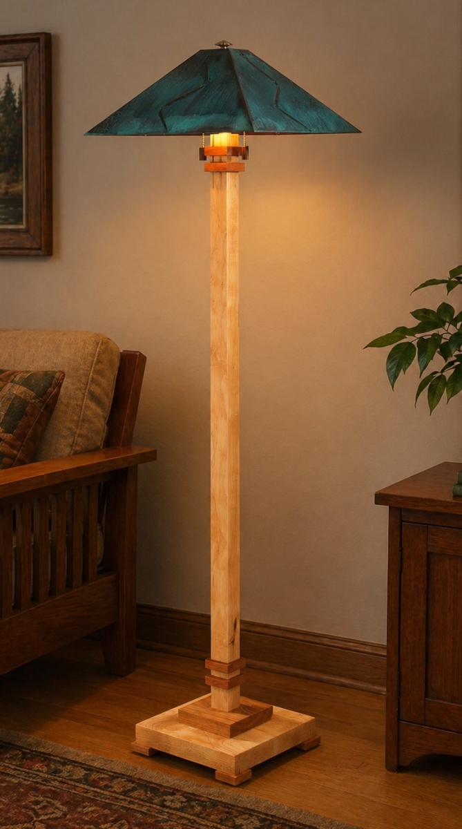 Santa Rose Floor Lamp – Maple with Cherry Trim and Green Copper Shade