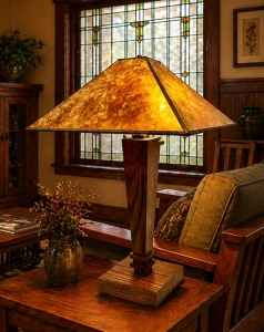 Cloquet Table Lamp – Stained Oak Walnut with Amber Mica Shade